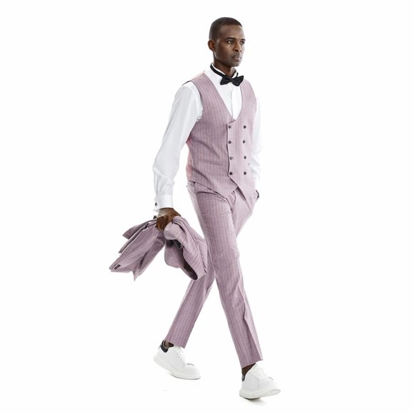 Men's Pinstripe 3-Piece Suit w/ Double Breasted Vest, Dusty Rose - Picture 3 of 8